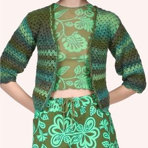Anna Sui Ombré Crocheted Cardigan in Jungle Green by Konry K. Size L